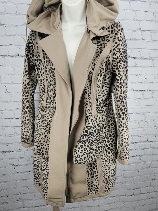 Nicole Miller Tan Leopard Removable Hood Belted Trench Soft Shell Long Coat S - Picture 6 of 16